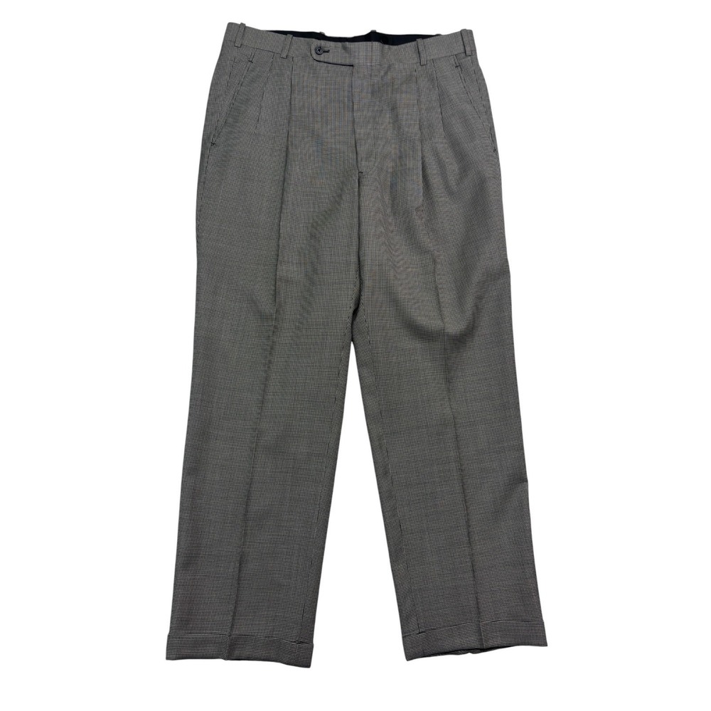 vtg 90s Bespoke 38x30 Black White Micro Houndstooth Pants Trousers Wool Pleated